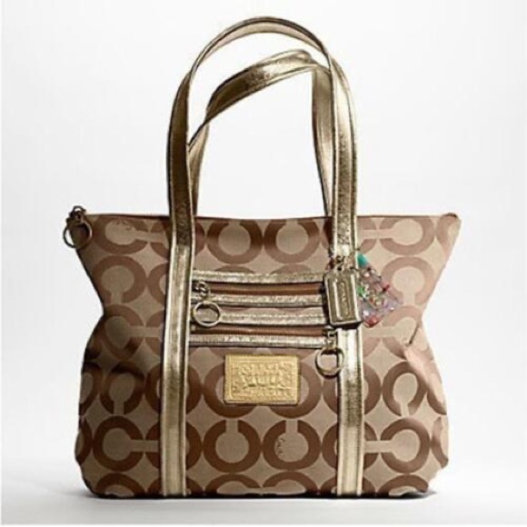Coach Poppy C op art glam bronze metallic leather brown jacquard canvas tote bag - Picture 15 of 15